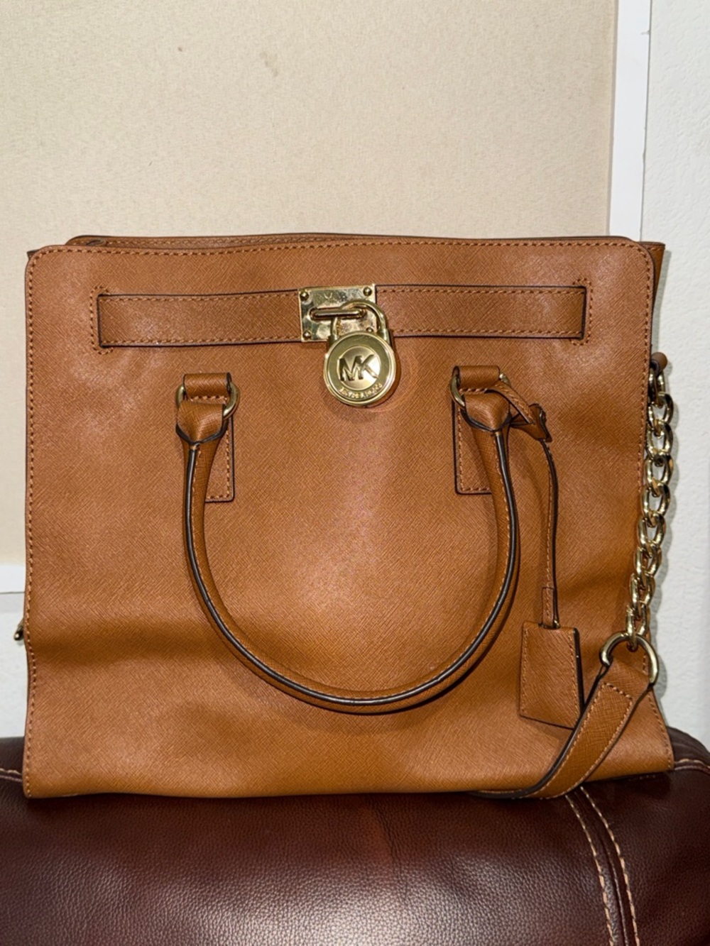 Michael Kors Saffiano Satchel in Cognac Brown with Gold Hardware